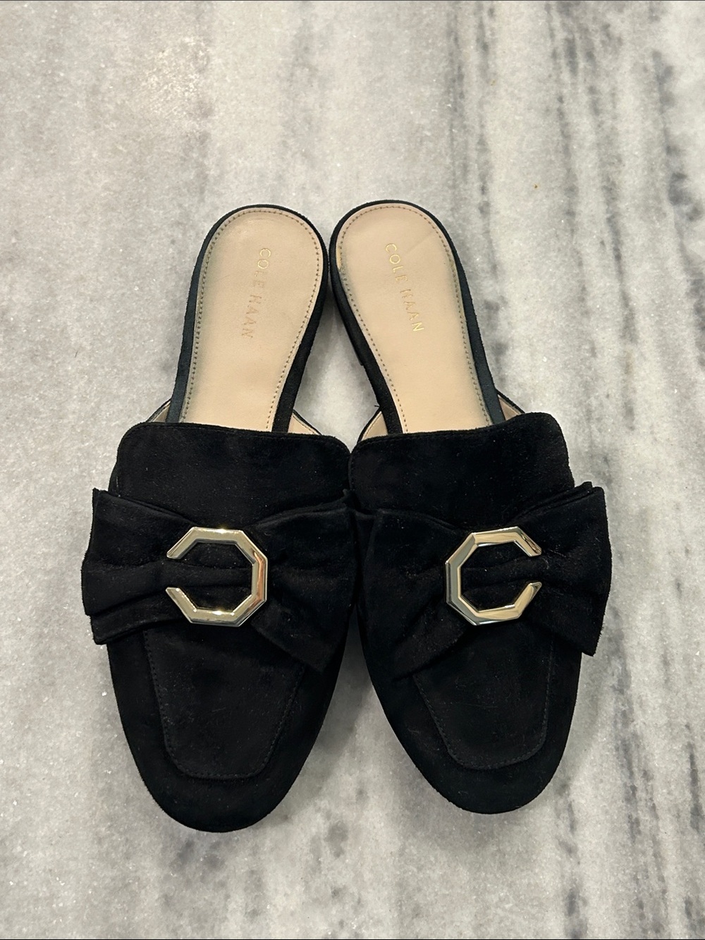 Cole Haan Leela Suede Loafer Mules sz 8 Black C Buckle